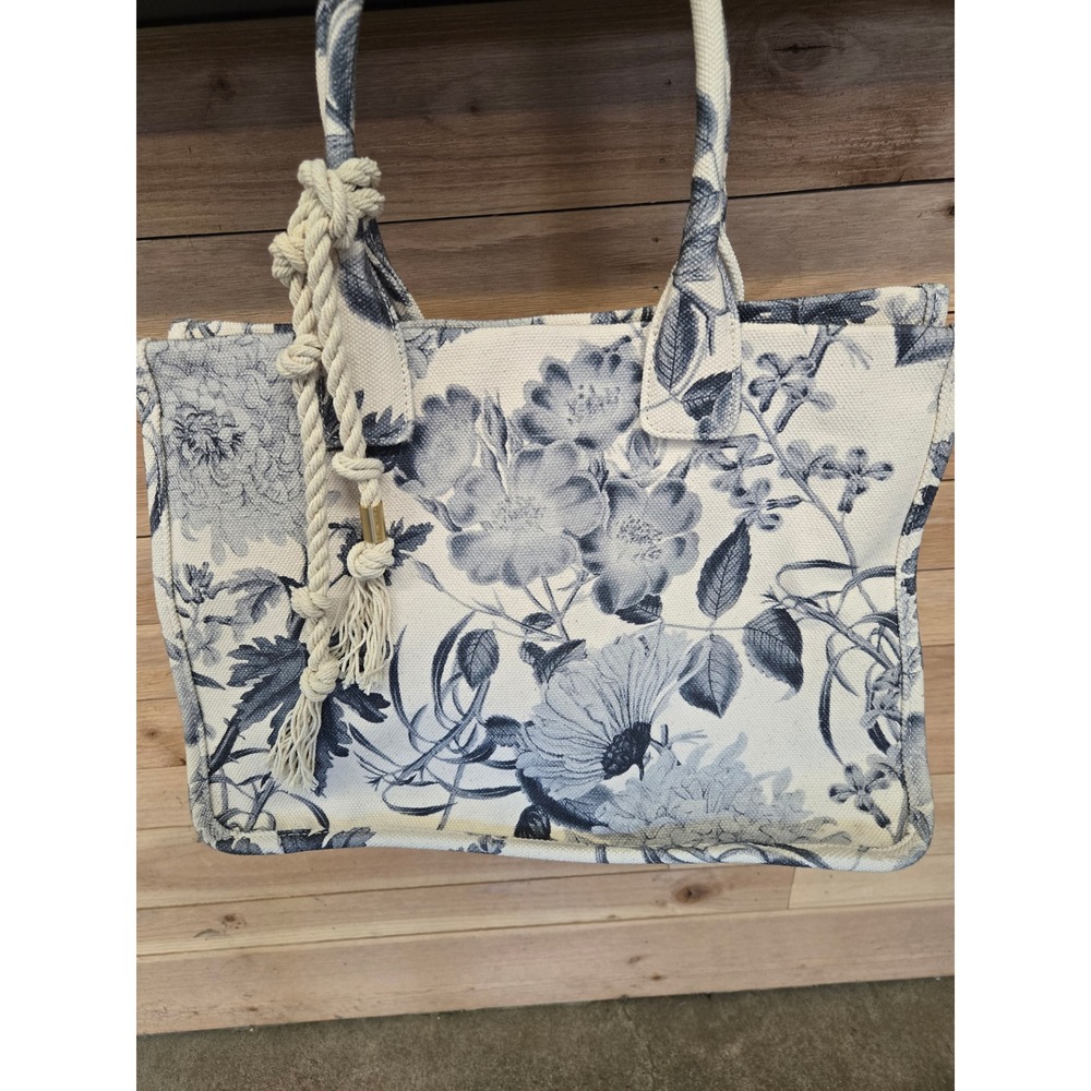 Vince Camuto Floral Canvas Tote Bag Nautical Rope Tassel Blue White OS